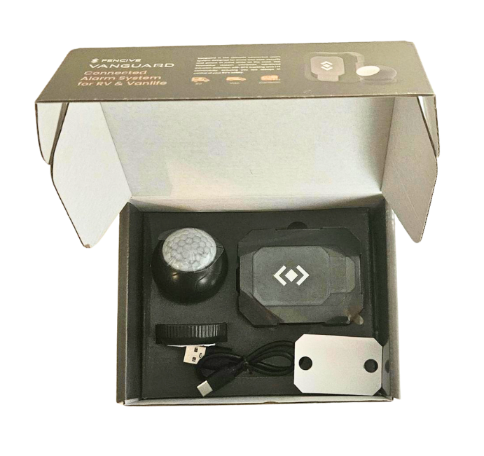 Open box showin the Vanguard connected alarm system 